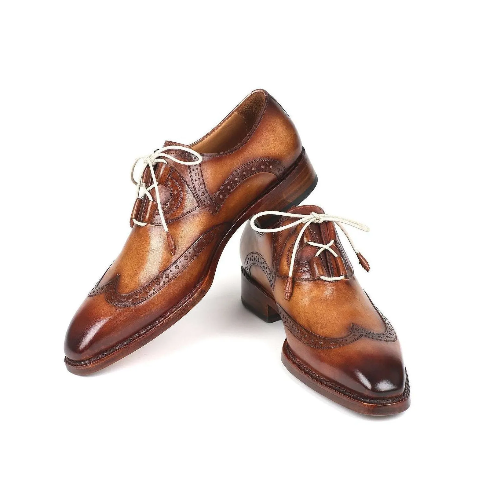 Paul Parkman Handmade Designer Shoes Men's Ghillie Lacing Brown & Camel Wingtip Calfskin Oxfords 2955-CML (PM5720)