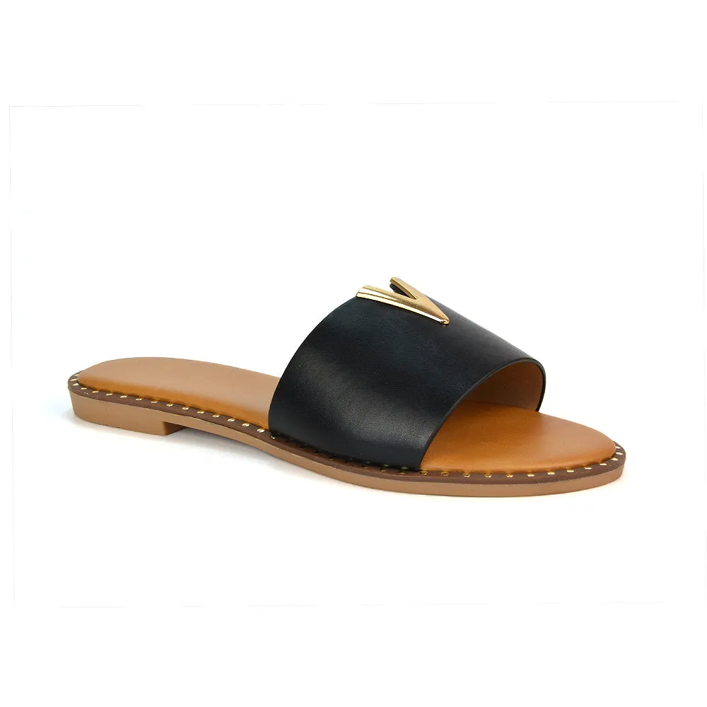 Rorie Faux Leather Slip On Cut Out Holiday Flat Sandal Sliders in Black