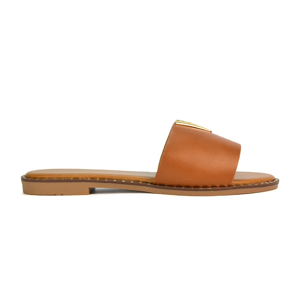 Rorie Faux Leather Slip On Cut Out Holiday Flat Sandal Sliders in Black