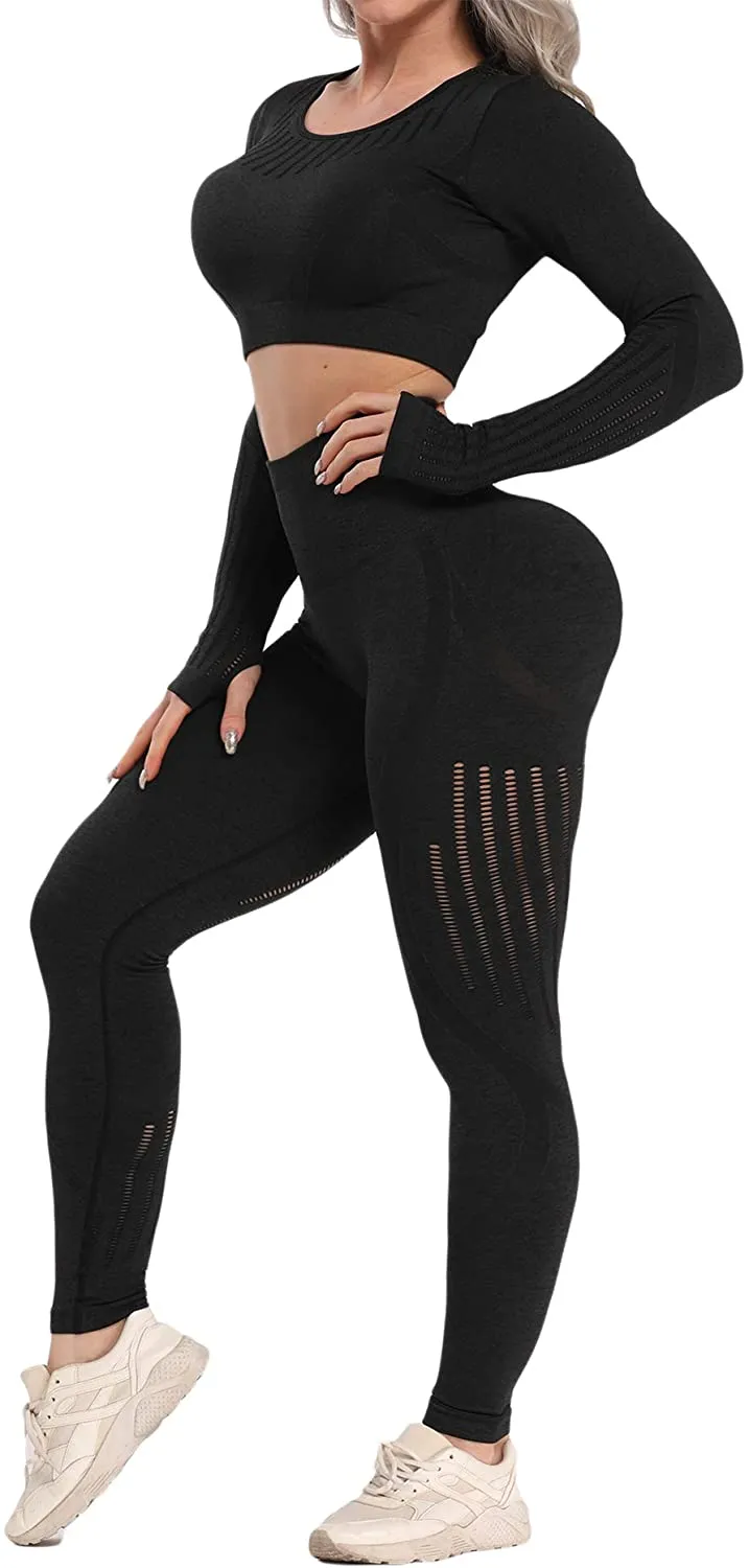 YOFIT Women's Workout Outfit 2 Pieces Seamless High Waist Yoga Leggings with Long Sleeve Crop Top Gym Clothes Set